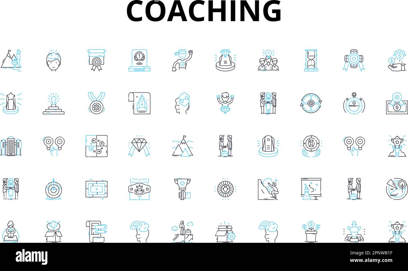 Coaching linear icons set. Mentorship, Guidance, Empowerment, Support, Development, Encouragement, Motivation vector symbols and line concept signs Stock Vector