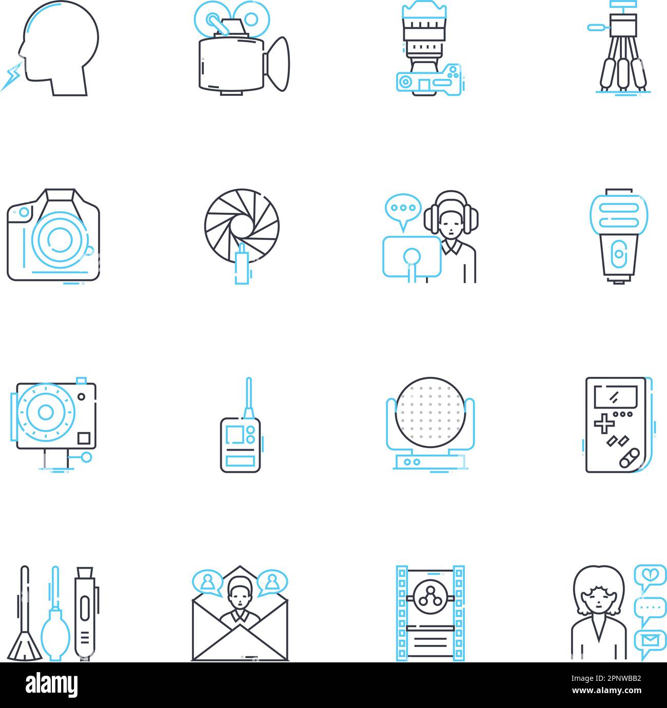 Camcorder linear icons set. Video, Recording, Lens, Resolution, Zoom, Editing, Audio line vector and concept signs. Memory,Screen,Stabilization Stock Vector