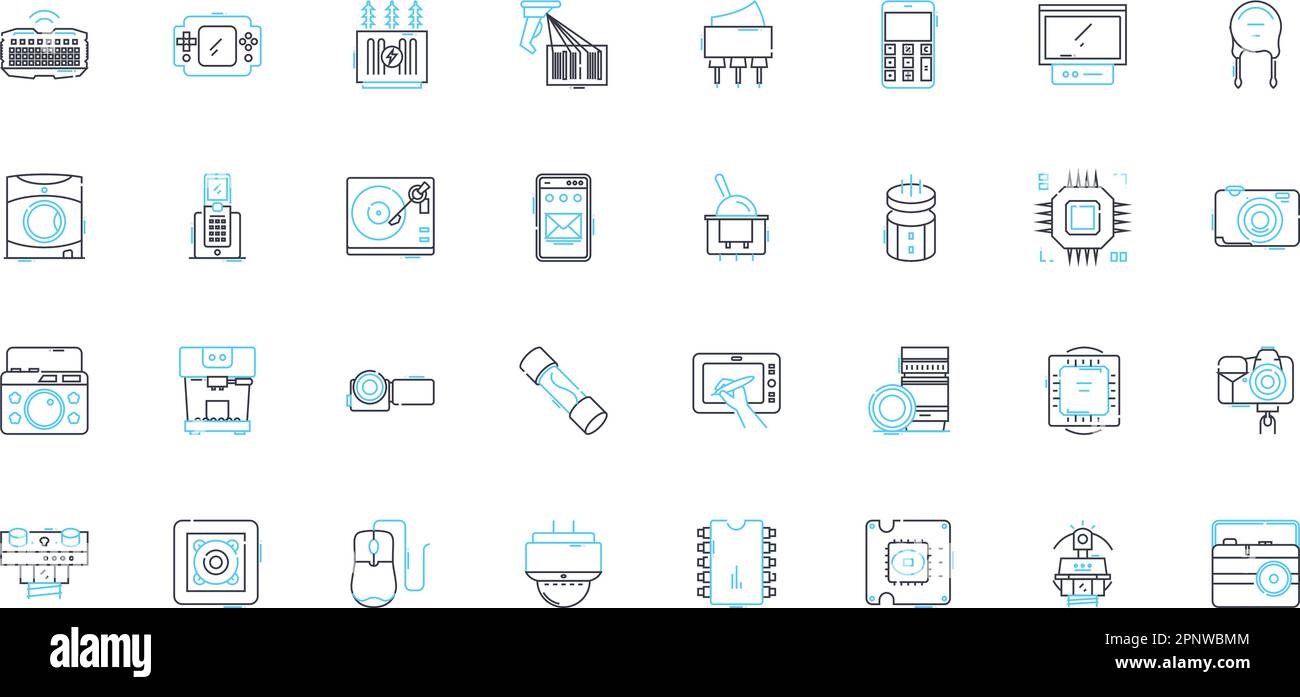 Cybernetic operation linear icons set. Augmentation, Integration, Robotics, Implant, Prosthetic, Enhancement, Interface line vector and concept signs Stock Vector