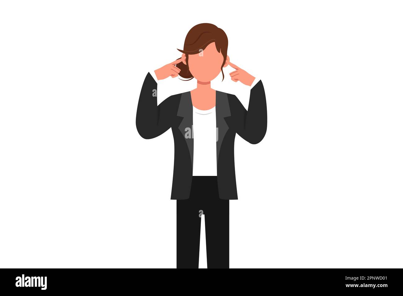 Business design drawing of young businesswoman covering ears with fingers with annoyed expression for the noise of loud sound or music while eyes clos Stock Photo