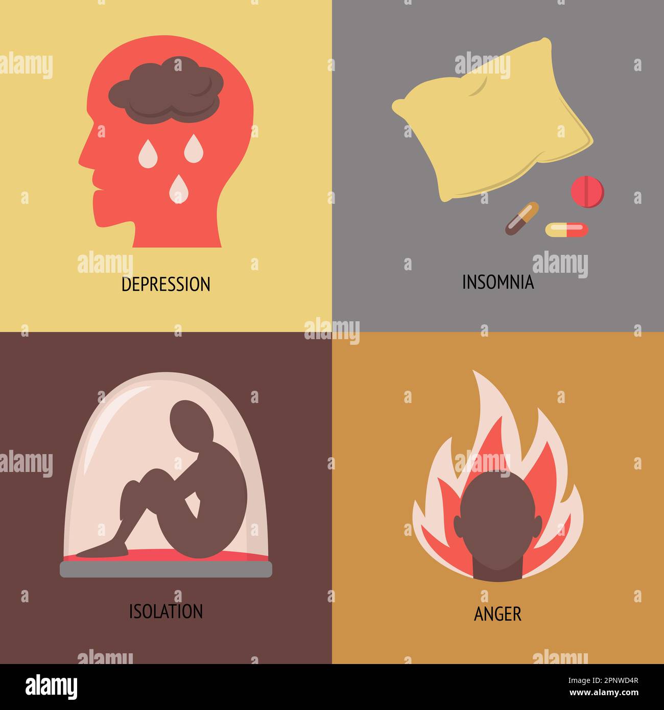 Collection of depression symptoms icons isolated. 4 mental disorder