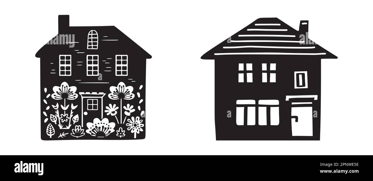 Quirky row of houses with garden set. Collection of rural linocut real ...