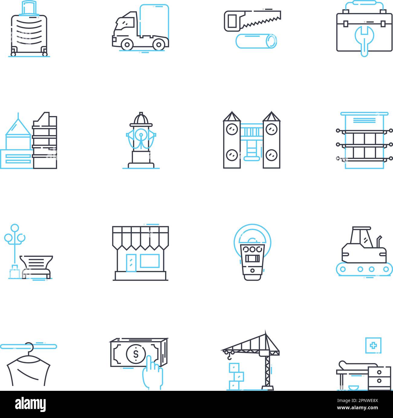 Urban landscape linear icons set. Concrete, Skyscrapers, Traffic, Pollution, Streets, Alleyways, Buildings line vector and concept signs. Bridges Stock Vector