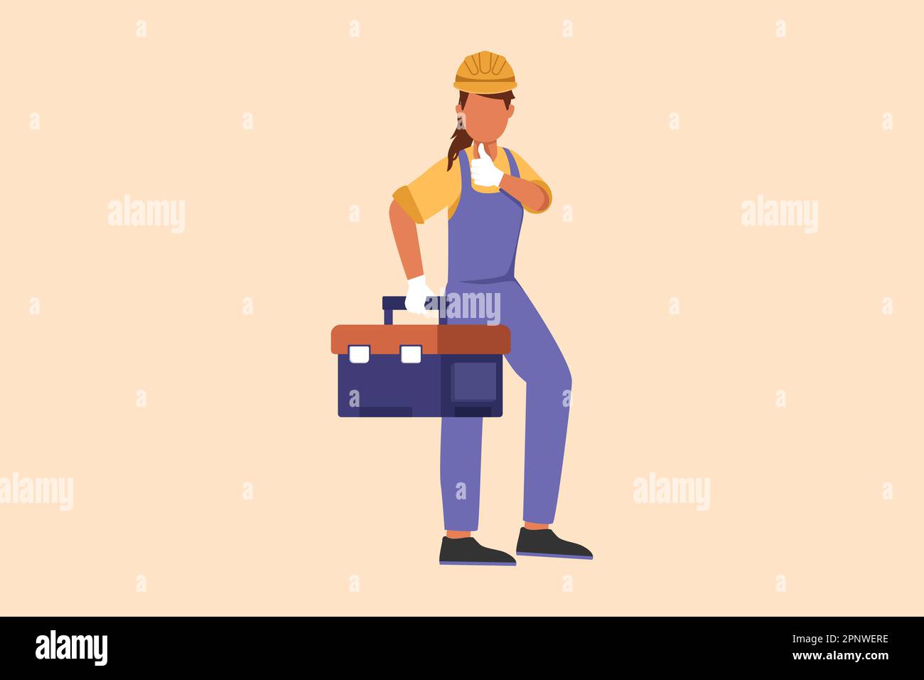 Business flat cartoon style drawing handywoman plumber standing and holding tools box. Professional repairwoman in overalls ready for work. Home decor Stock Photo