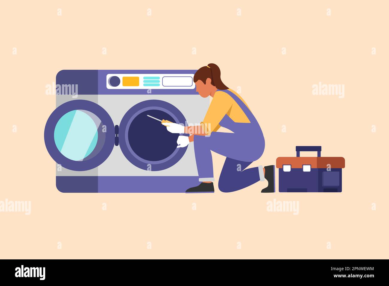 Business design drawing professional repairwoman fixing washing machine at home. Plumbing specialist toolbox, fixing or repairing washer for business Stock Photo