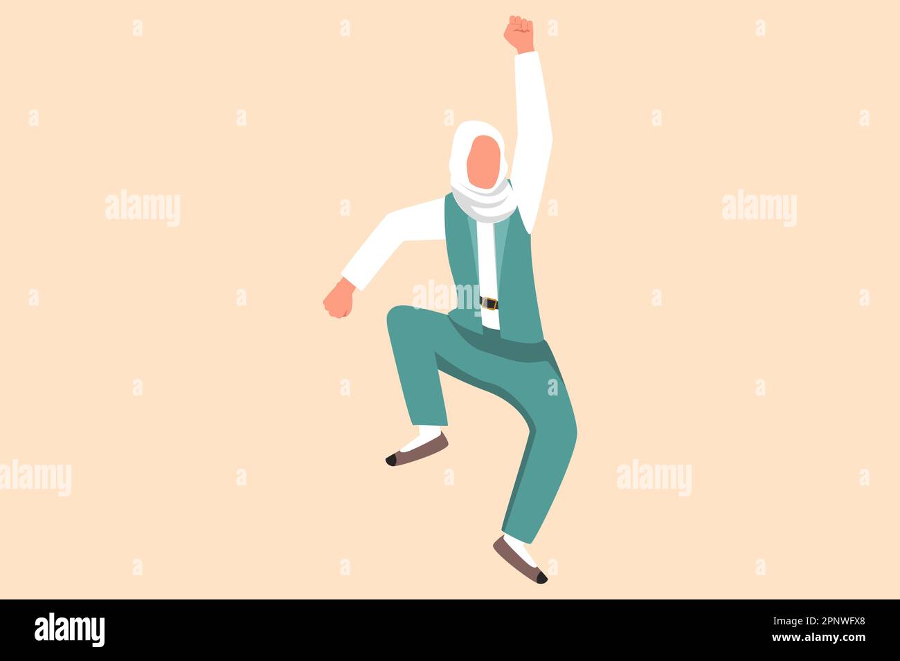 Business flat cartoon drawing happy Arab businesswoman jump with folds ...
