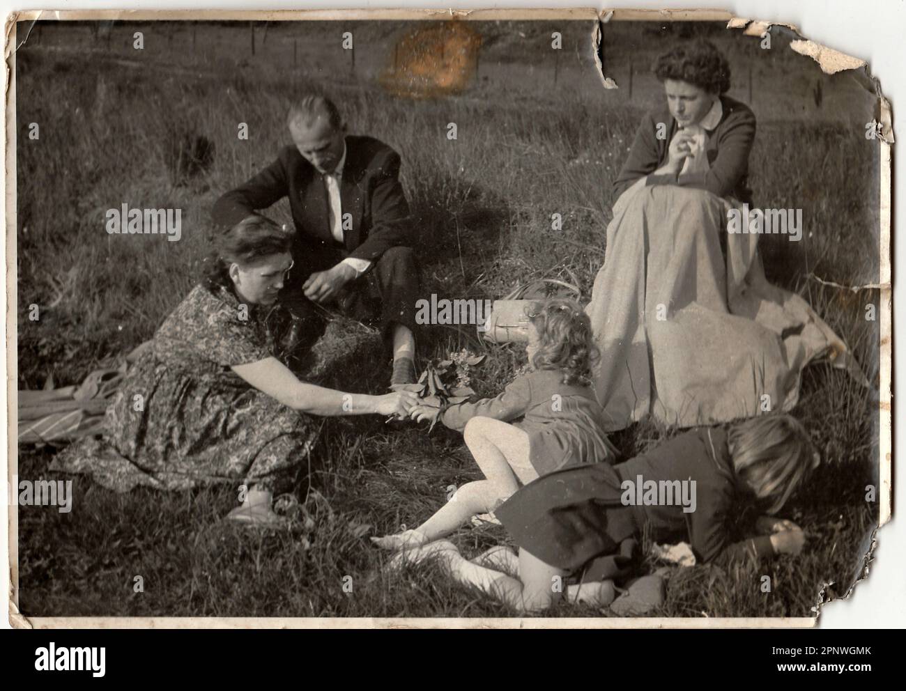 Vintage photo shows family on meadow. Stock Photo