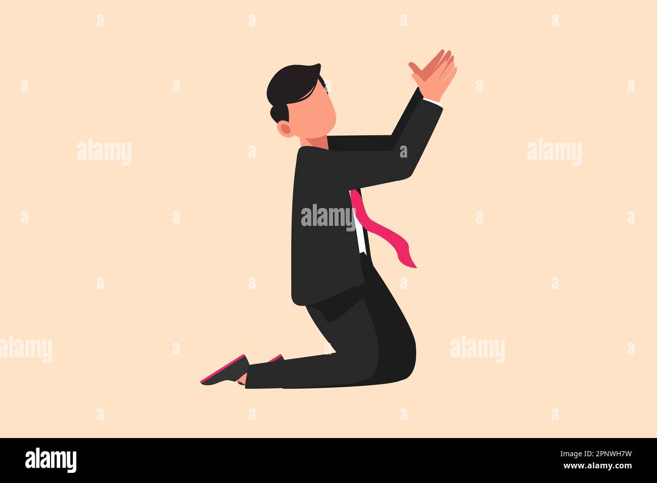 Business flat cartoon style drawing depressed businessman on his knees and ask for help. Male manager in business suit praying. Psychological therapy Stock Photo