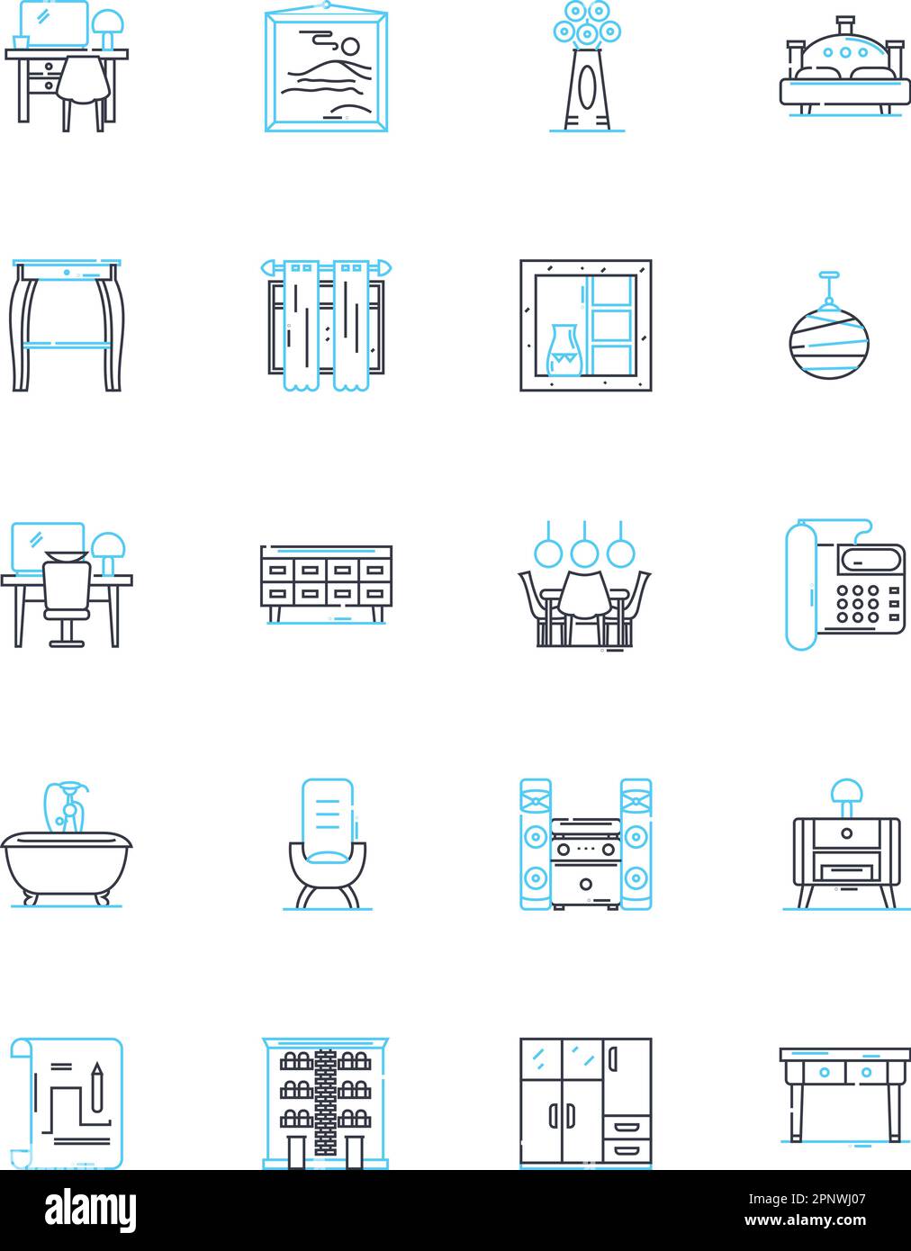 Ottomans linear icons set. Upholstered, Footrest, Pouf, Storage, Square, Velvet, Leather line vector and concept signs. Round,Coffee table,Beanbag Stock Vector
