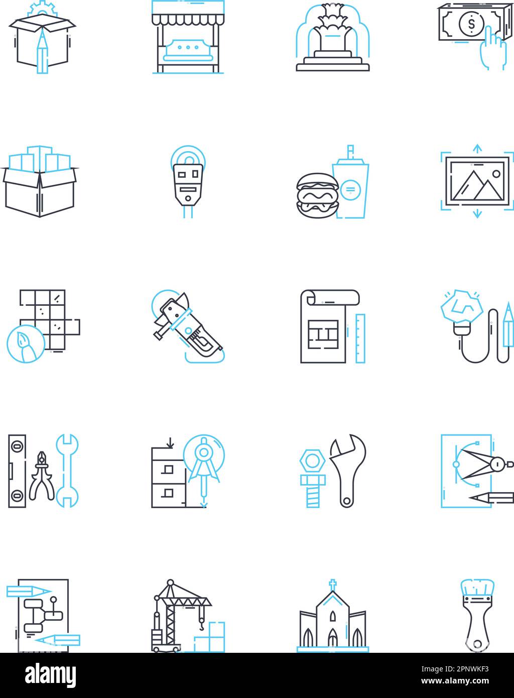 Drafting linear icons set. Blueprint, Design, Sketch, Diagram, Plan, Model, Rendering line vector and concept signs. Engineering,Draft,Layout outline Stock Vector