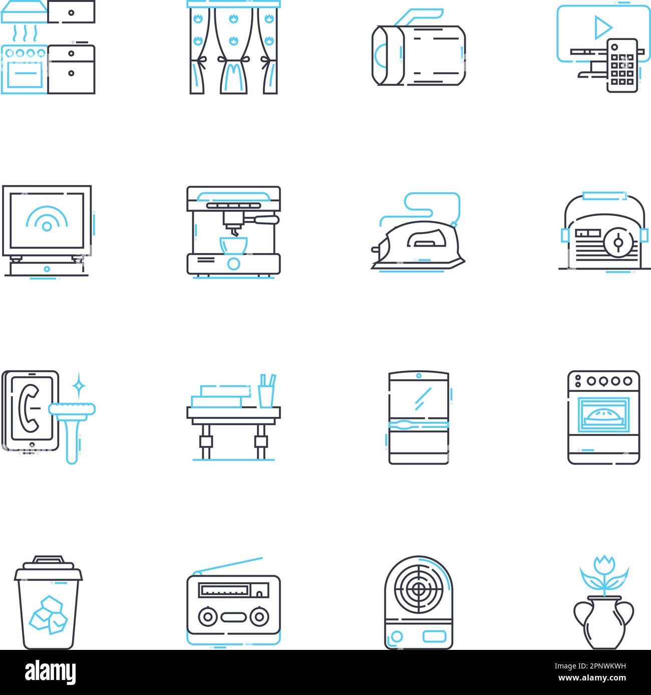 Electrical appliances linear icons set. Microwave, Blender, Toaster, Mixer, Juicer, Coffee maker, Electric kettle line vector and concept signs. Iron Stock Vector