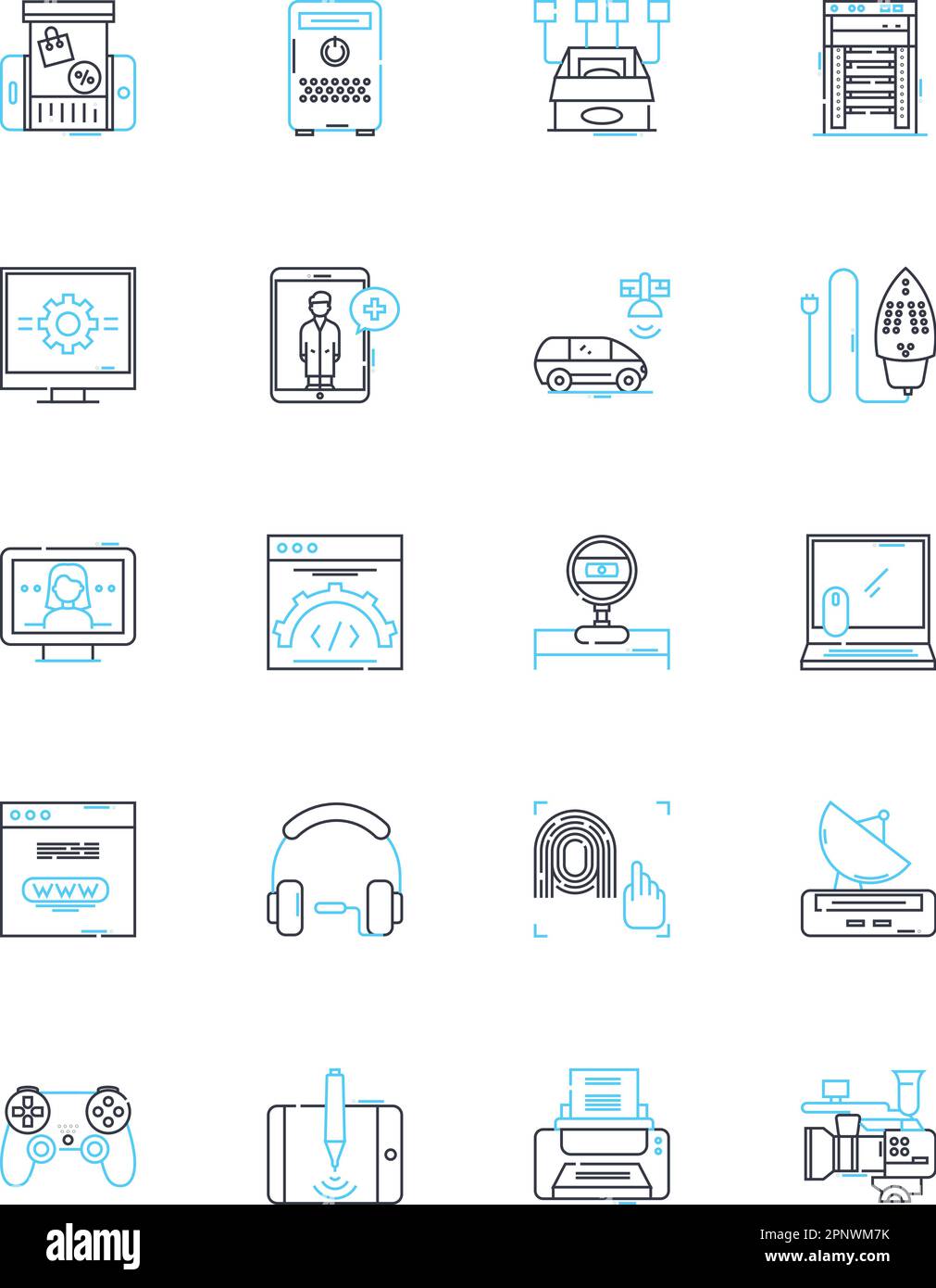 Electronic items linear icons set. Smartph, Laptop, Tablet, Smartwatch