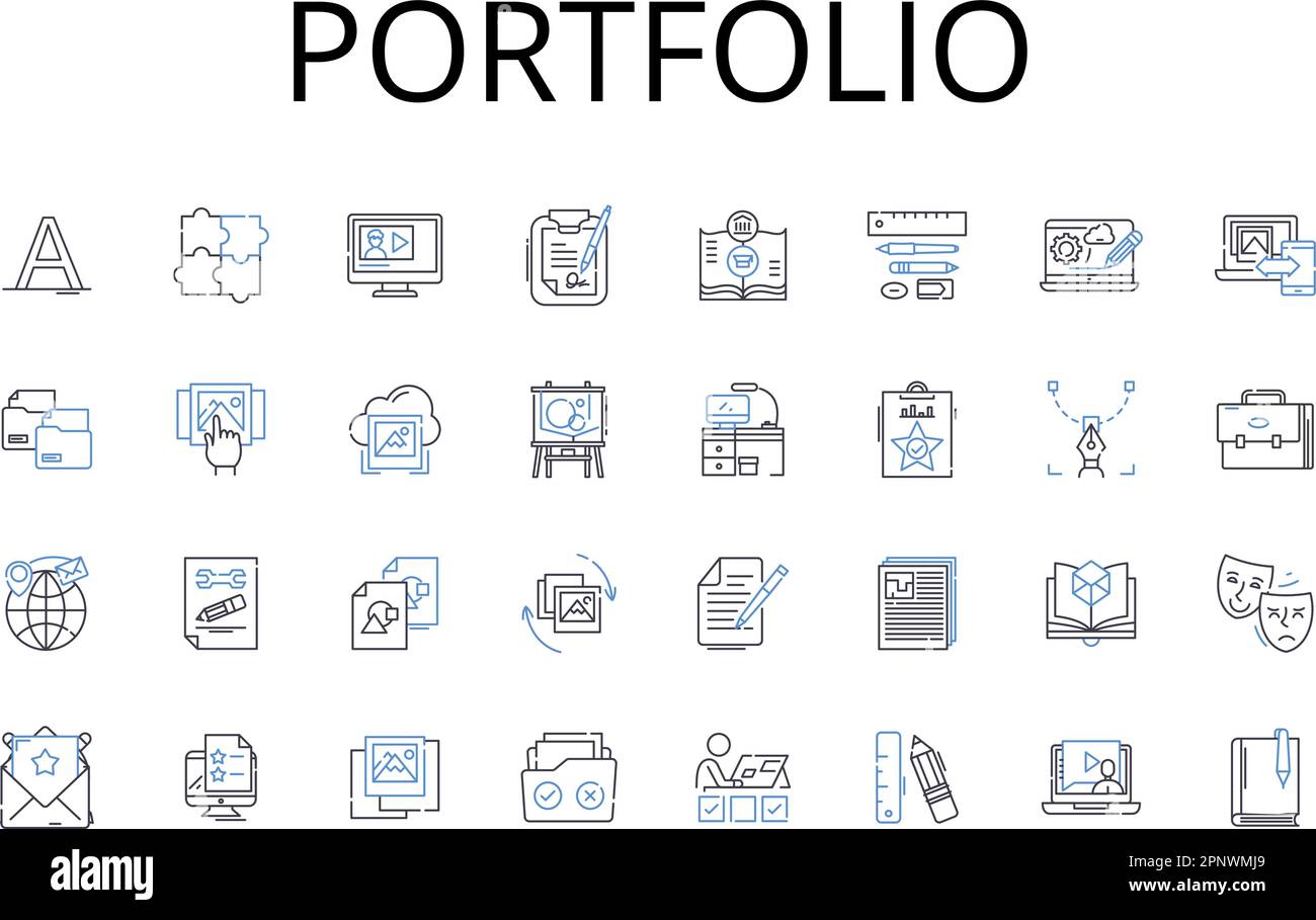 Portfolio line icons collection. Collection, Compilation, Anthology, Assortment, Array, Grouping, Stockpile vector and linear illustration. Depiction Stock Vector