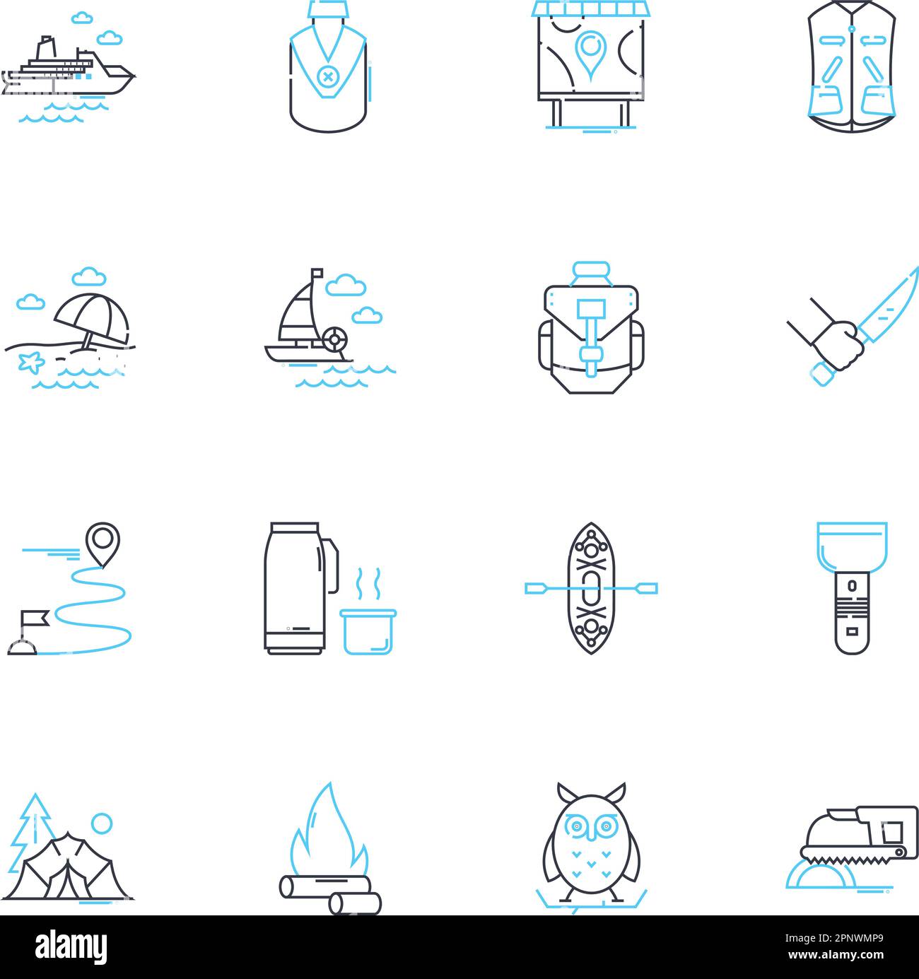 Beach getaways linear icons set. Sand, Waves, Sun, Relaxation, Ocean, Shoreline, Seagulls line vector and concept signs. Surf,Vacations,Tides outline Stock Vector