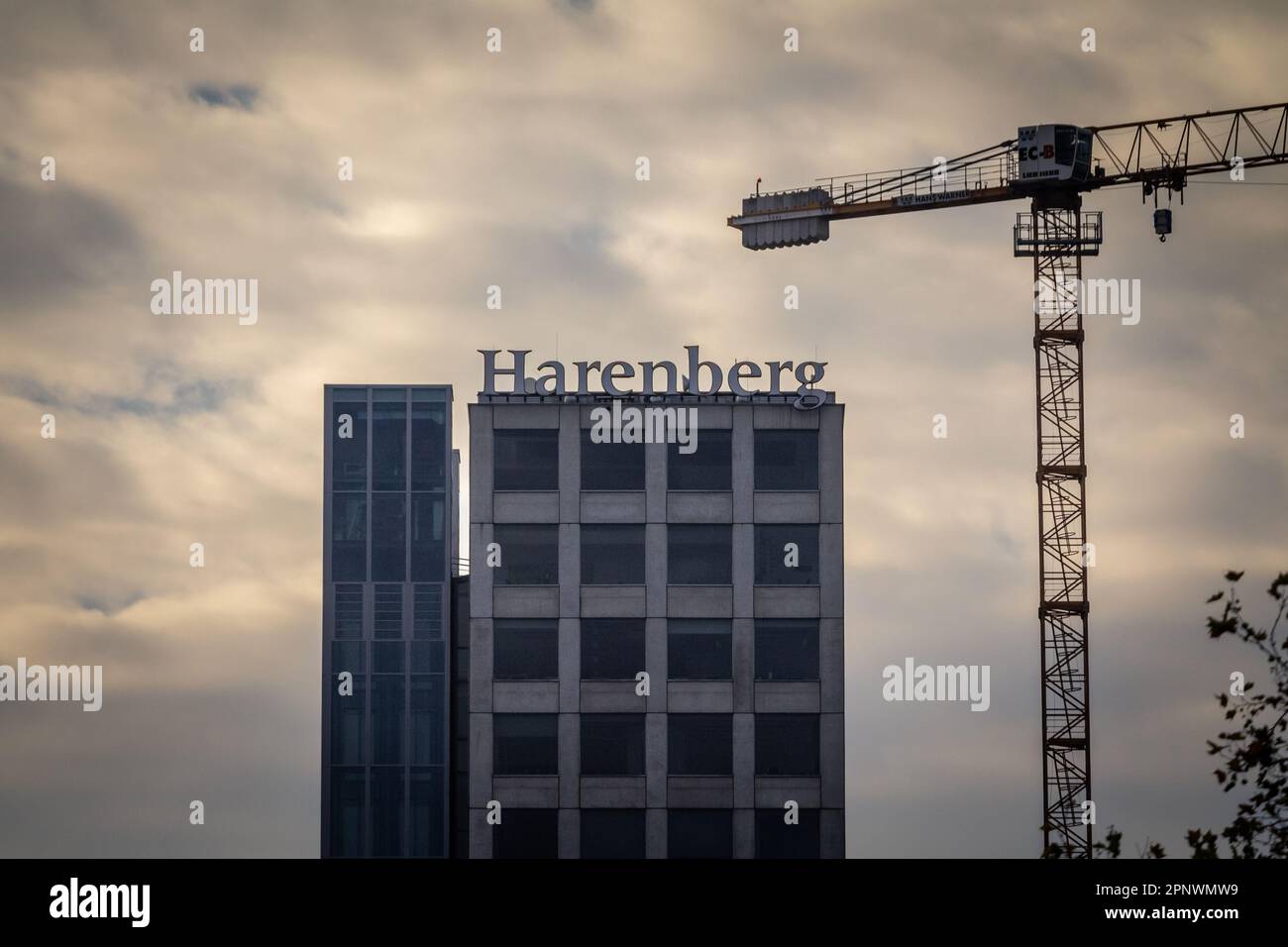 Picture of the Harenberg Sign on their office tower in Dortmund, Germany. The Harenberg City-Center in Dortmund , which opened in April 1994 , is one Stock Photo