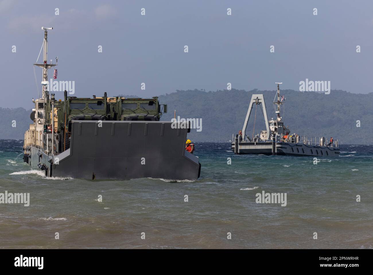 An Improved Navy Lighterage System approaches the shore during combined joint logistics overthe