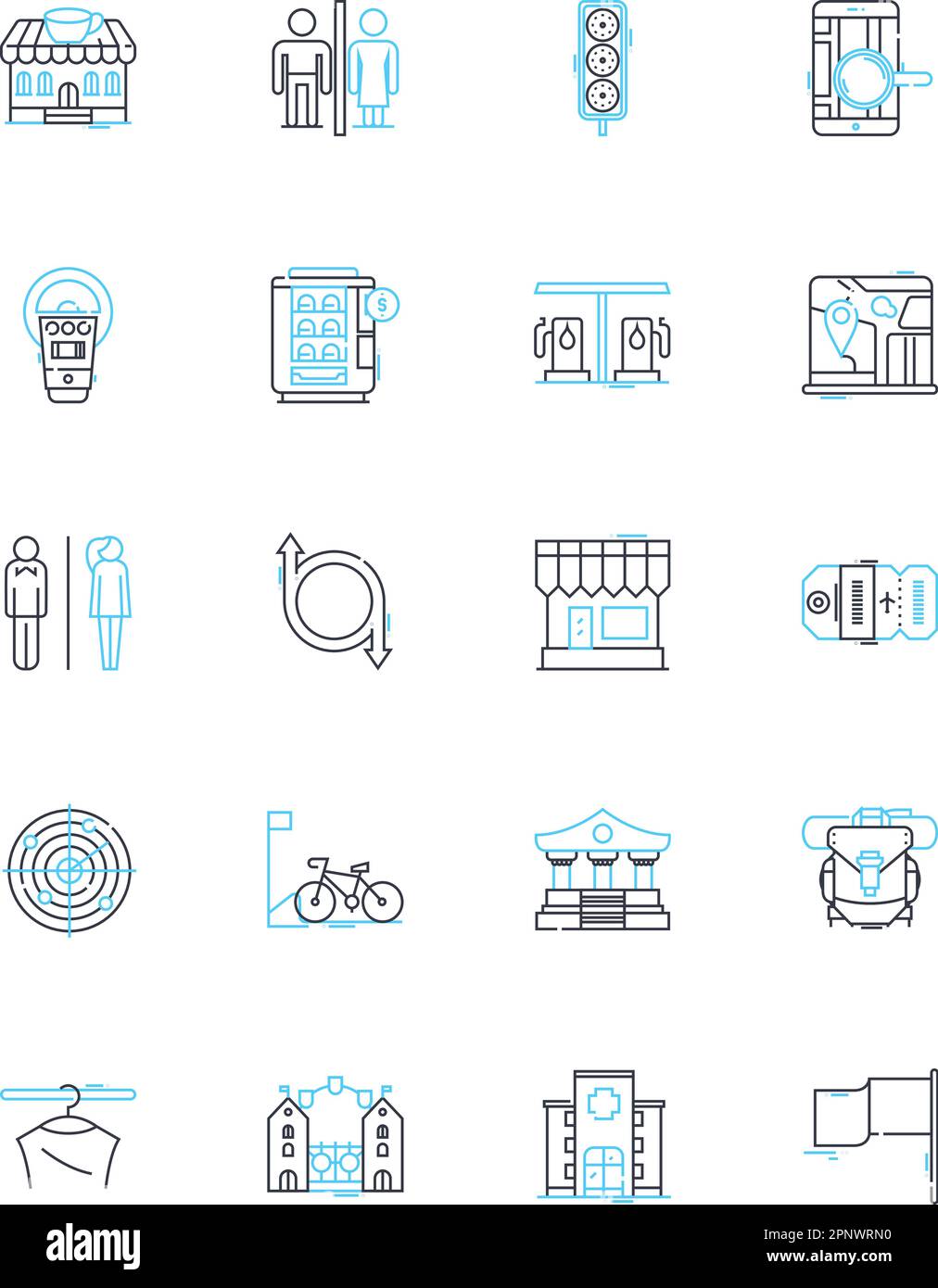 Metropolitan guide linear icons set. Cityscape, Urbanity, Megacity, Diversity, Connectivity, Nightlife, Cuisine line vector and concept signs. Art Stock Vector