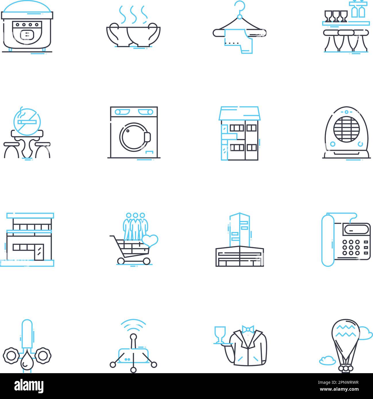 Hospitality industry linear icons set. Accommodation, Amenities, Banquet, Beverages, Breakfast, Catering, Cleanliness line vector and concept signs Stock Vector