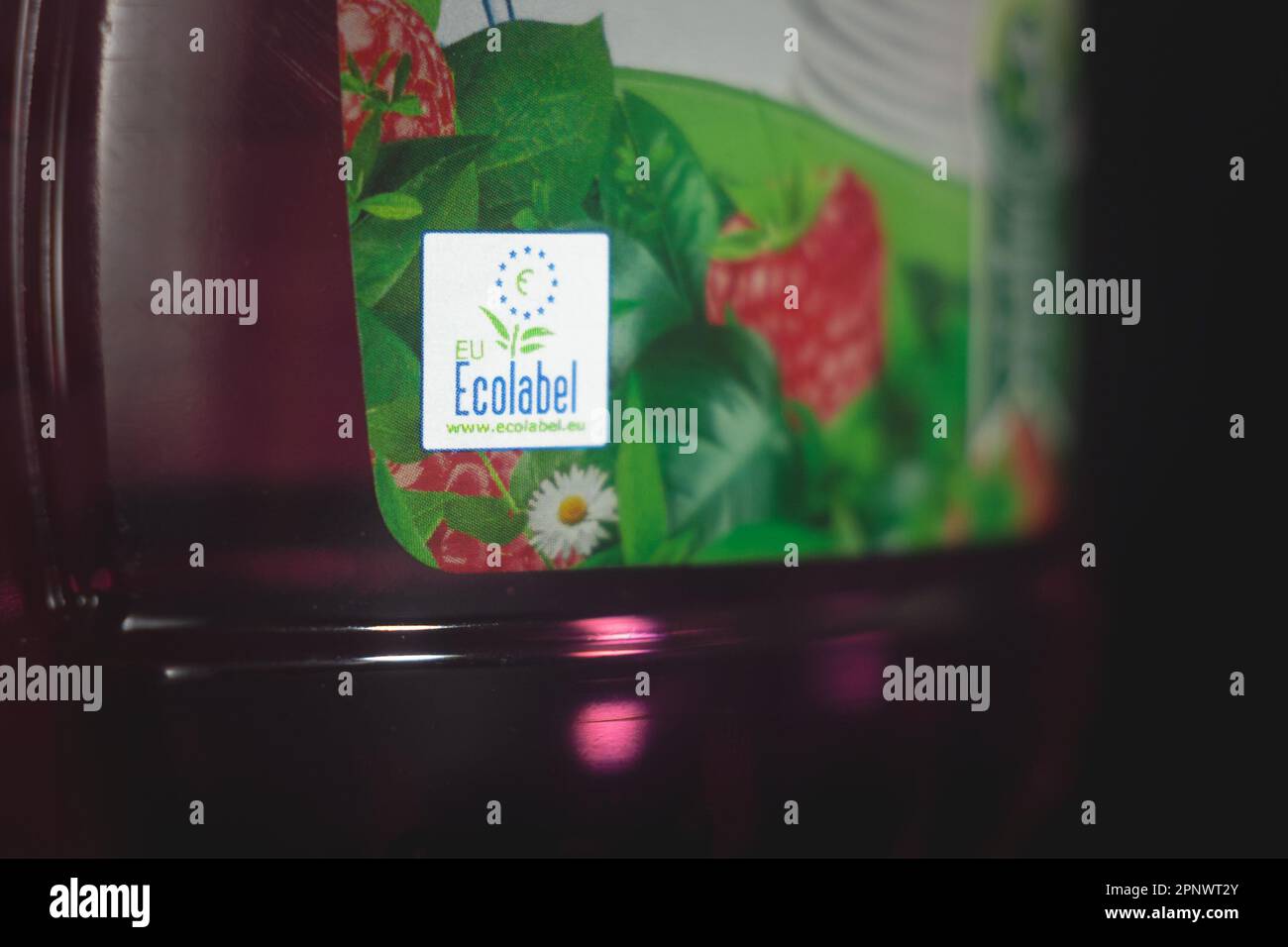 Picture of a dishwashing liquid detergent with the EU ecolabel sign. EU Ecolabel or EU Flower is a voluntary ecolabel scheme established in 1992 by th Stock Photo