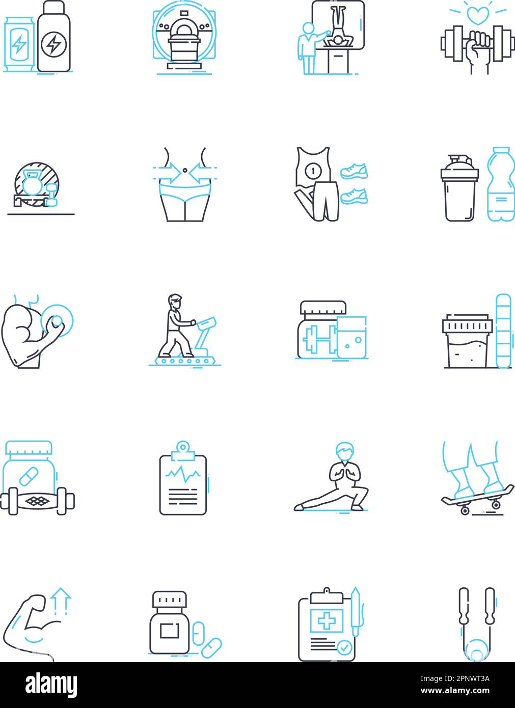 Physical wellness linear icons set. Fitness, Health, Exercise, Nutrition, Strength, Flexibility