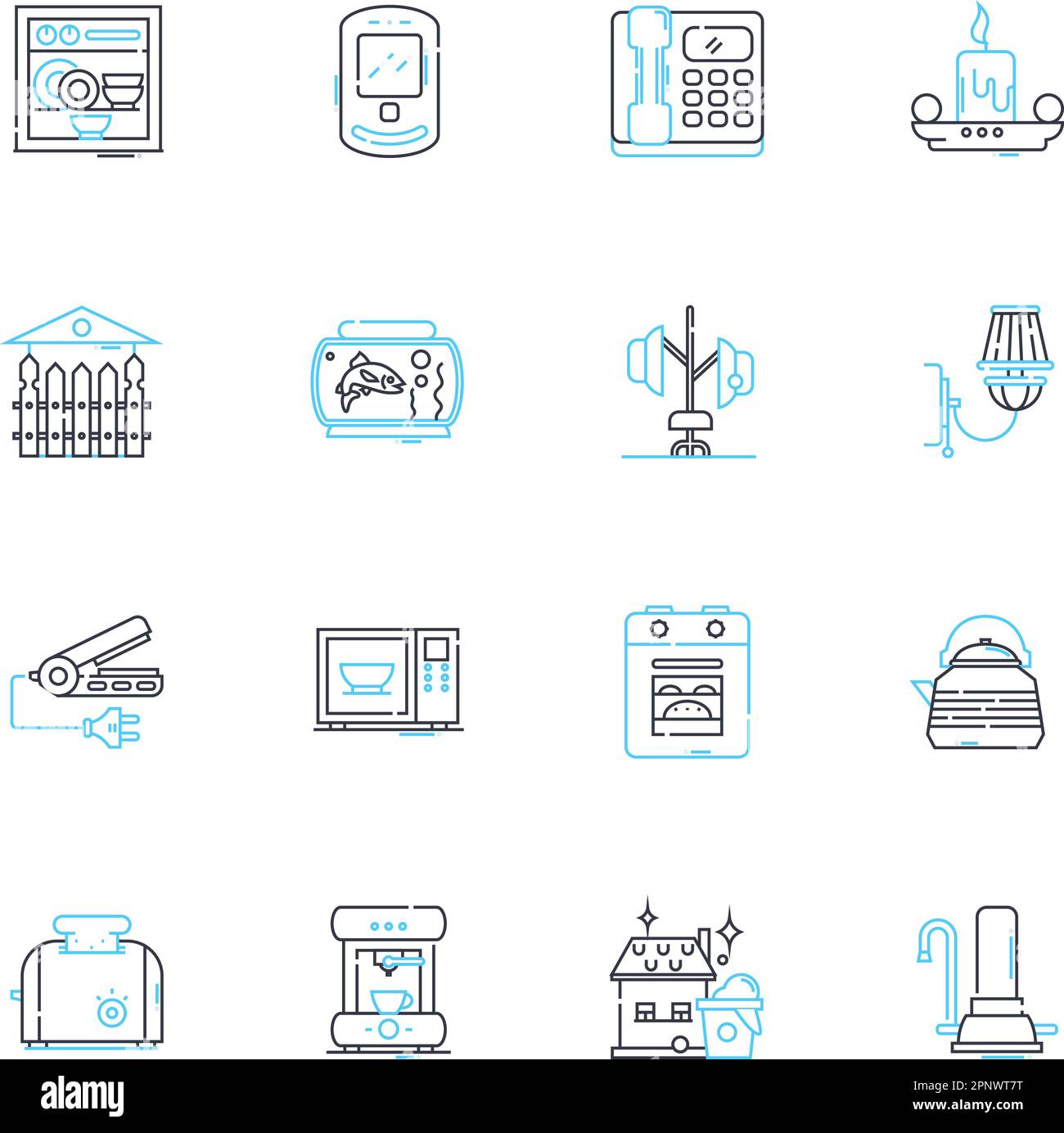 Household appliances linear icons set. Refrigerator, Stove, Dishwasher, Microwave, Toaster, Blender, Coffee maker line vector and concept signs Stock Vector