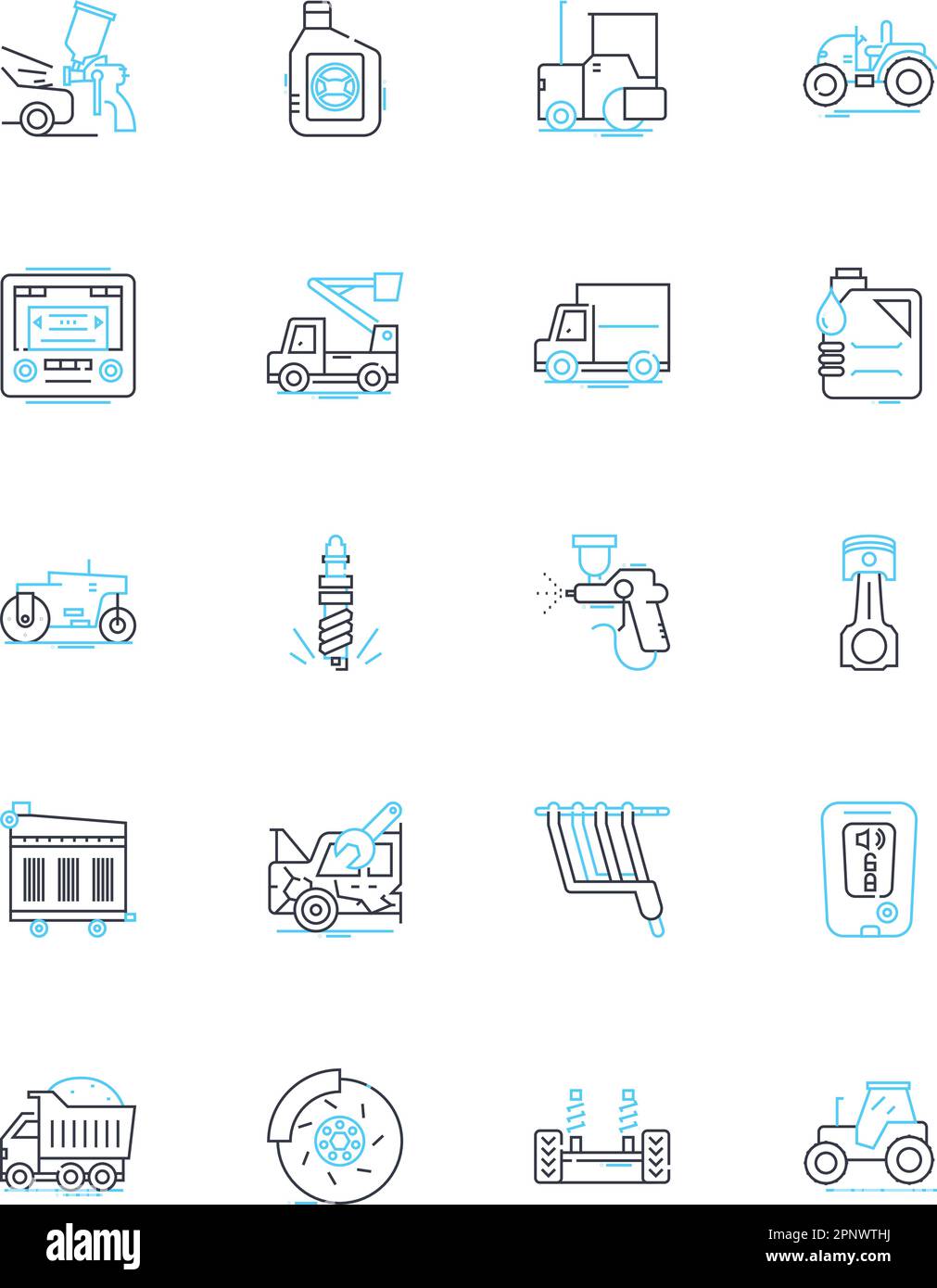 Automotive repair linear icons set. Diagnosis, Maintenance, Engine, Suspension, Transmission, Brakes, Clutch line vector and concept signs. Oil Stock Vector