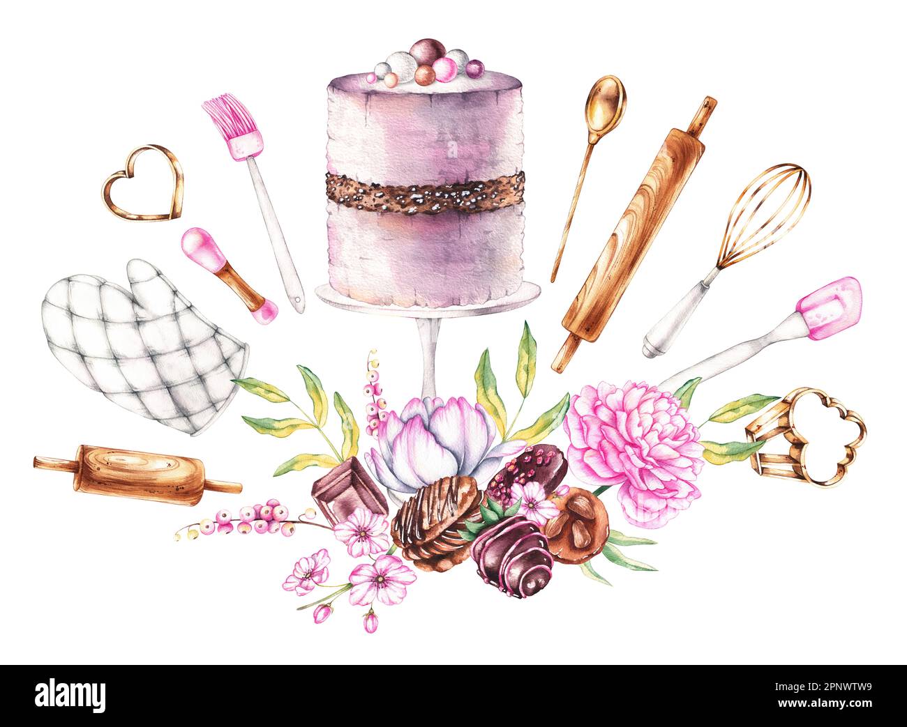 Watercolor group of desserts, bakery tools, flowers on a white