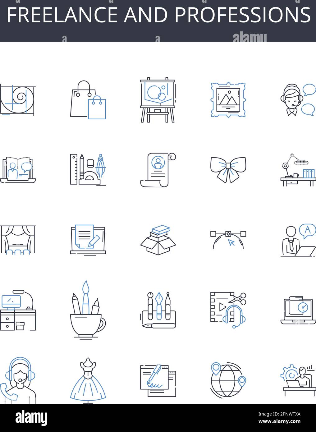 Freelance and professions line icons collection. Career and vocation, Occupation and calling, Work and employment, Job and labor, Business and Stock Vector