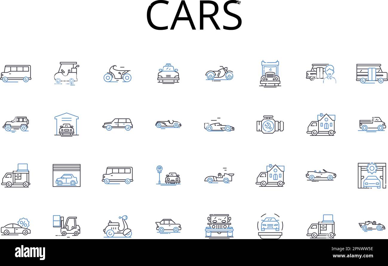 Cars line icons collection. Boats, Vans, Planes, Trucks, Cycles, Buses ...