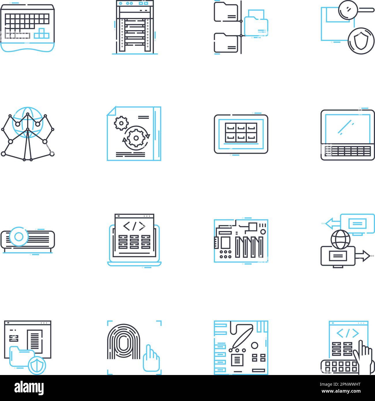 Electronic equipment linear icons set. Gadgets, Devices, Technology, Automation, Compnts, Cybersecurity, Robotics line vector and concept signs Stock Vector