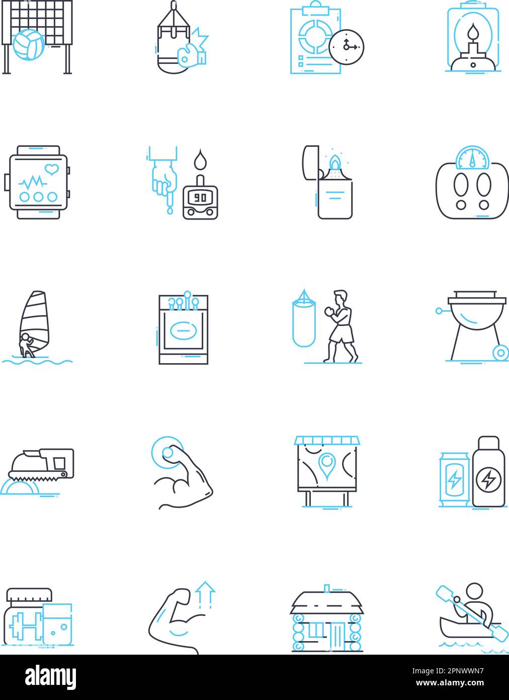 Physical fitness linear icons set. Endurance, Strength, Cardio, Agility