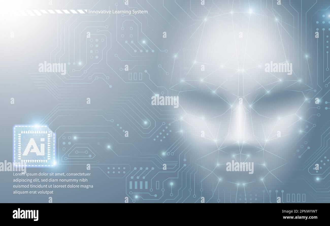 AI technology concept artificial human face with abstract circuit board background in futuristic style Stock Vector