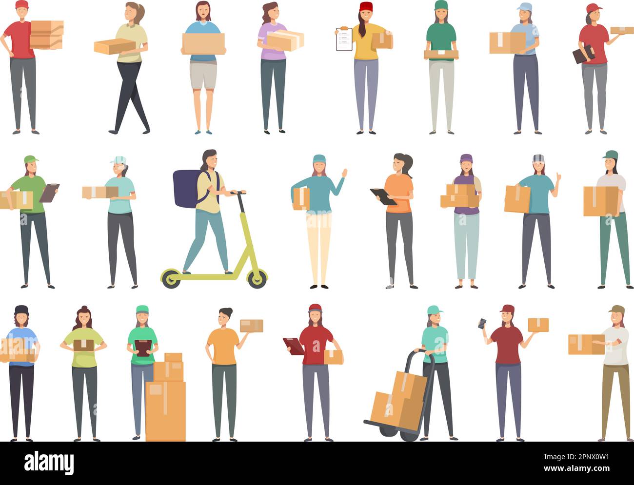 Woman courier icons set cartoon vector. Delivery person. Logistic cap ...
