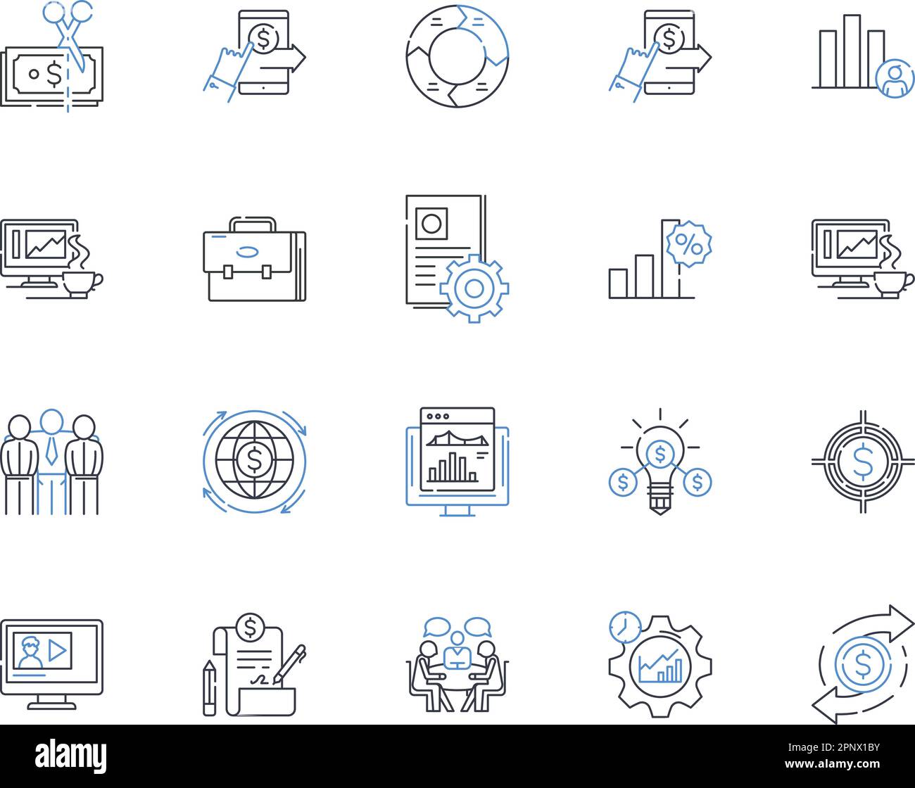 Expense planning line icons collection. Budgeting, Accounting, Forecasting, Analysis, Expenditures, Income, Savings vector and linear illustration Stock Vector