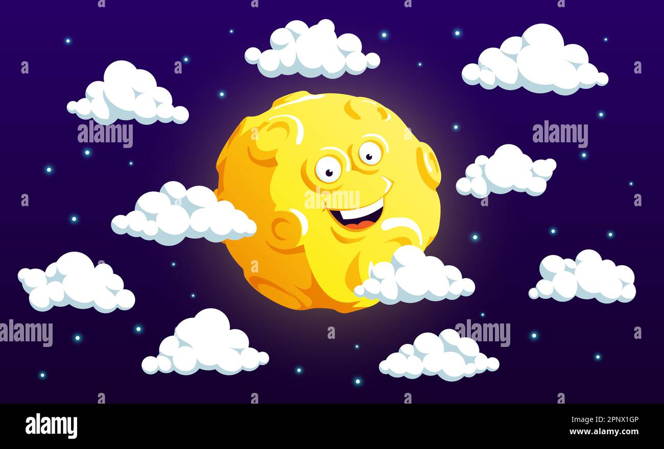 The Moon with a funny face among clouds and stars Stock Vector