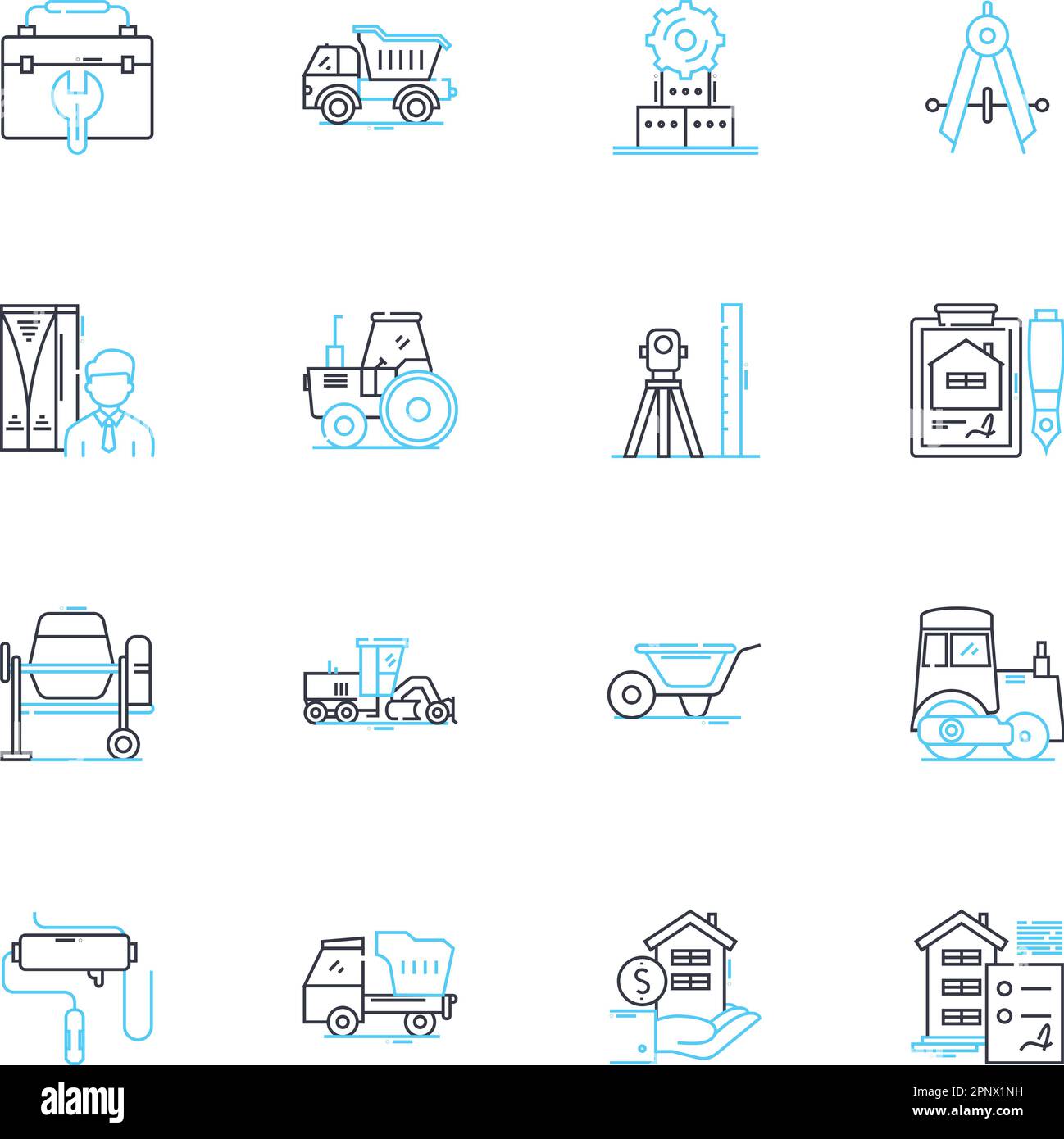 Builders linear icons set. Construction, Renovation, Framing, Carpentry, Masonry, Plumbing, Electrical line vector and concept signs. Roofing,Flooring Stock Vector