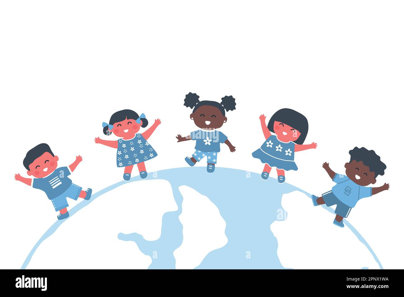 Children dance on the globe. Diverse group of kids have fun. Happy baby girls and baby boys. Vector illustration Stock Vector