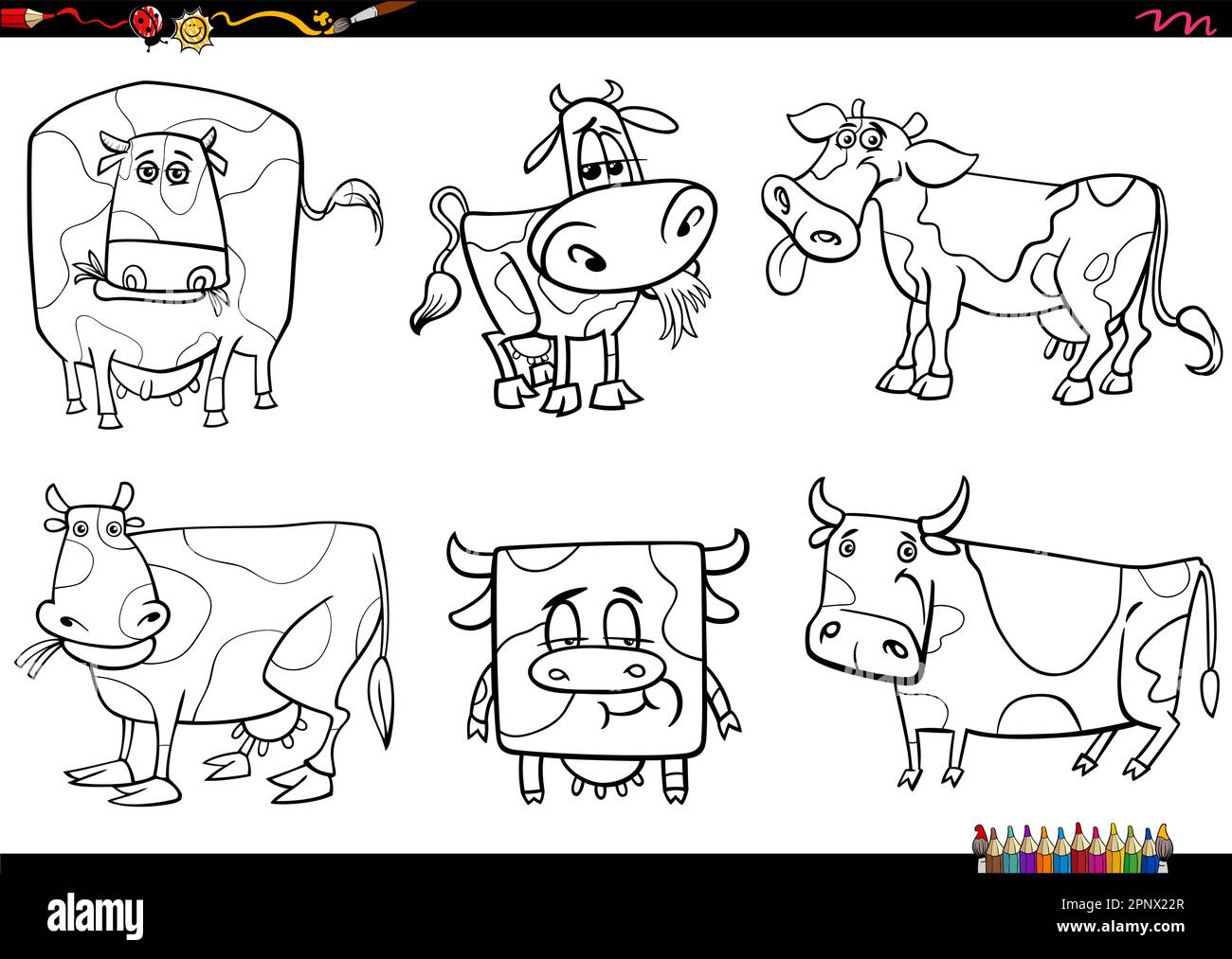 Black and white cartoon illustration of cows farm animal characters set