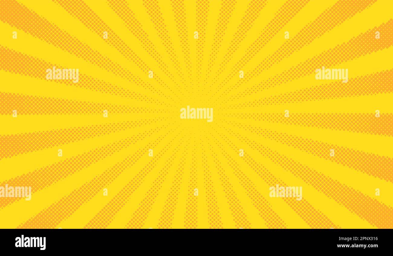 Yellow comics background. Abstract lines backdrop. Bright sunrays. Design frames for title book. Texture explosive polka. Beam action. Pattern motion Stock Vector