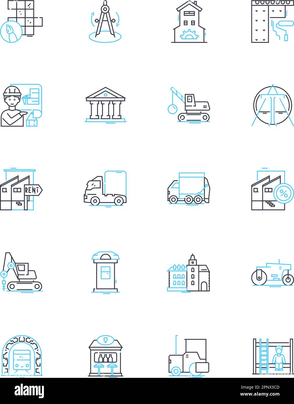 Urban planning linear icons set. Infrastructure, Architecture, Zoning, Transportation, Sustainability, Density, Pedestrianization line vector and Stock Vector
