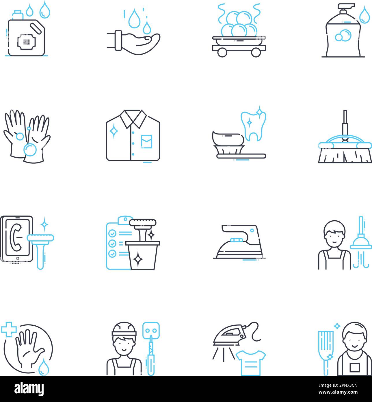 Sweeping service linear icons set. Clean, Tidy, Sweep, Mop, Dust, Scrub