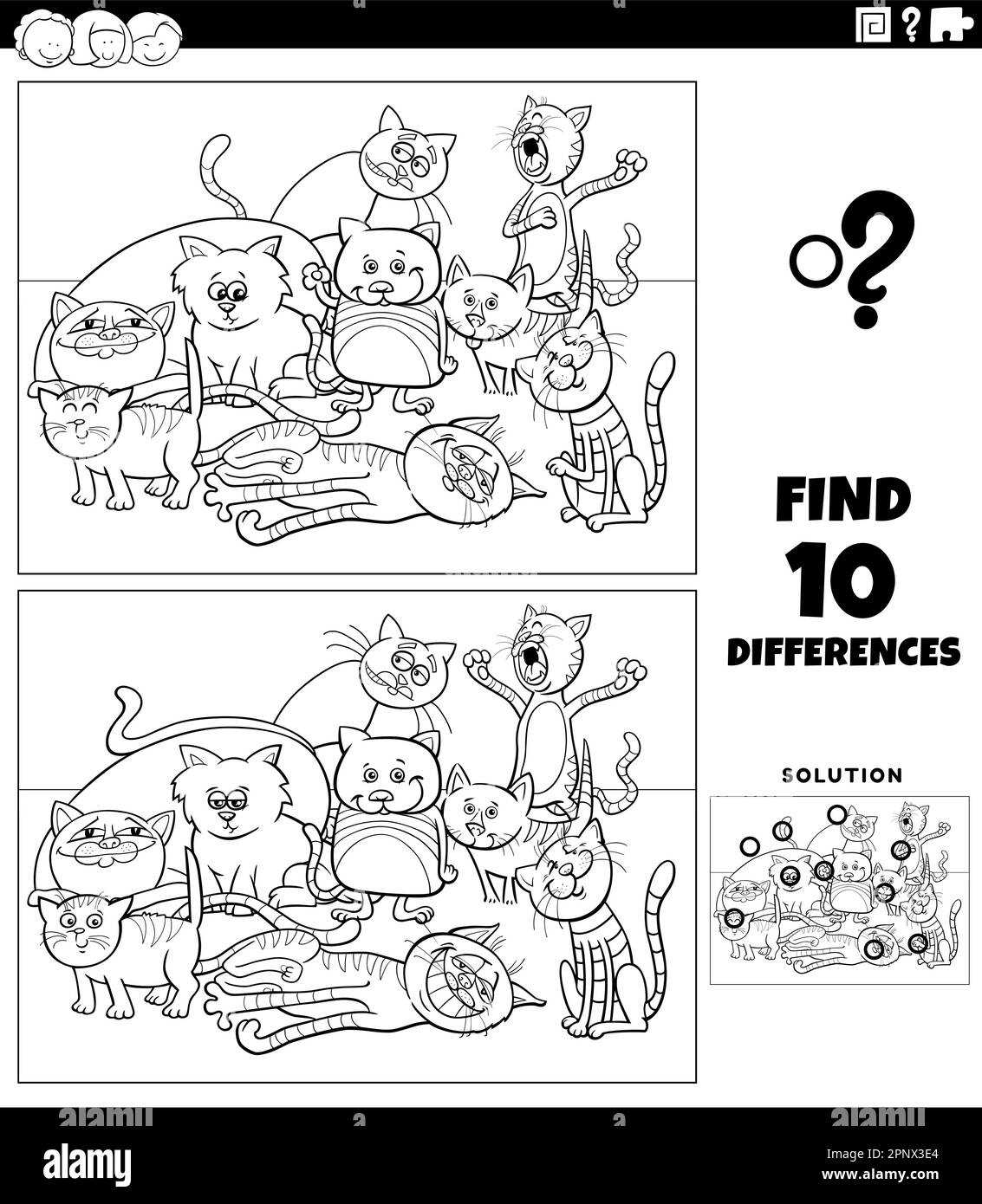 Black and white cartoon illustration of finding the differences between pictures educational game with cats animal characters group coloring page Stock Vector