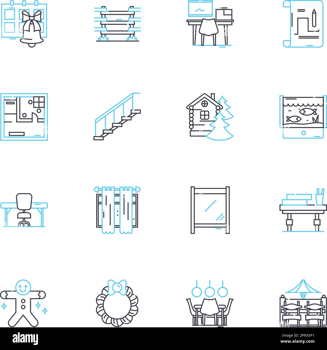 Interior embellishments linear icons set. Cushions, Arrk, Mirrors ...