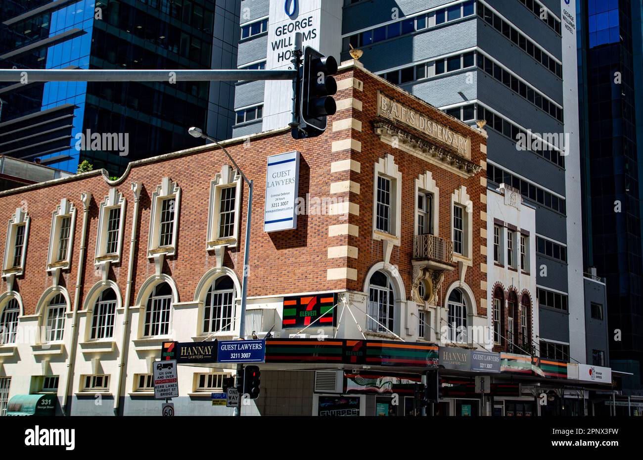 The BAFS Dispensary heritage listed building at the corner of George and Turbot Streets, built between 1915 and 1916 of masonry featuring both Classic Stock Photo