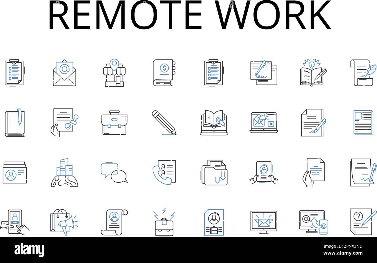 Remote work line icons collection. Virtual learning, Online shopping, Digital banking, Mobile gaming, Social nerking, Multi-tasking, Search engine Stock Vector