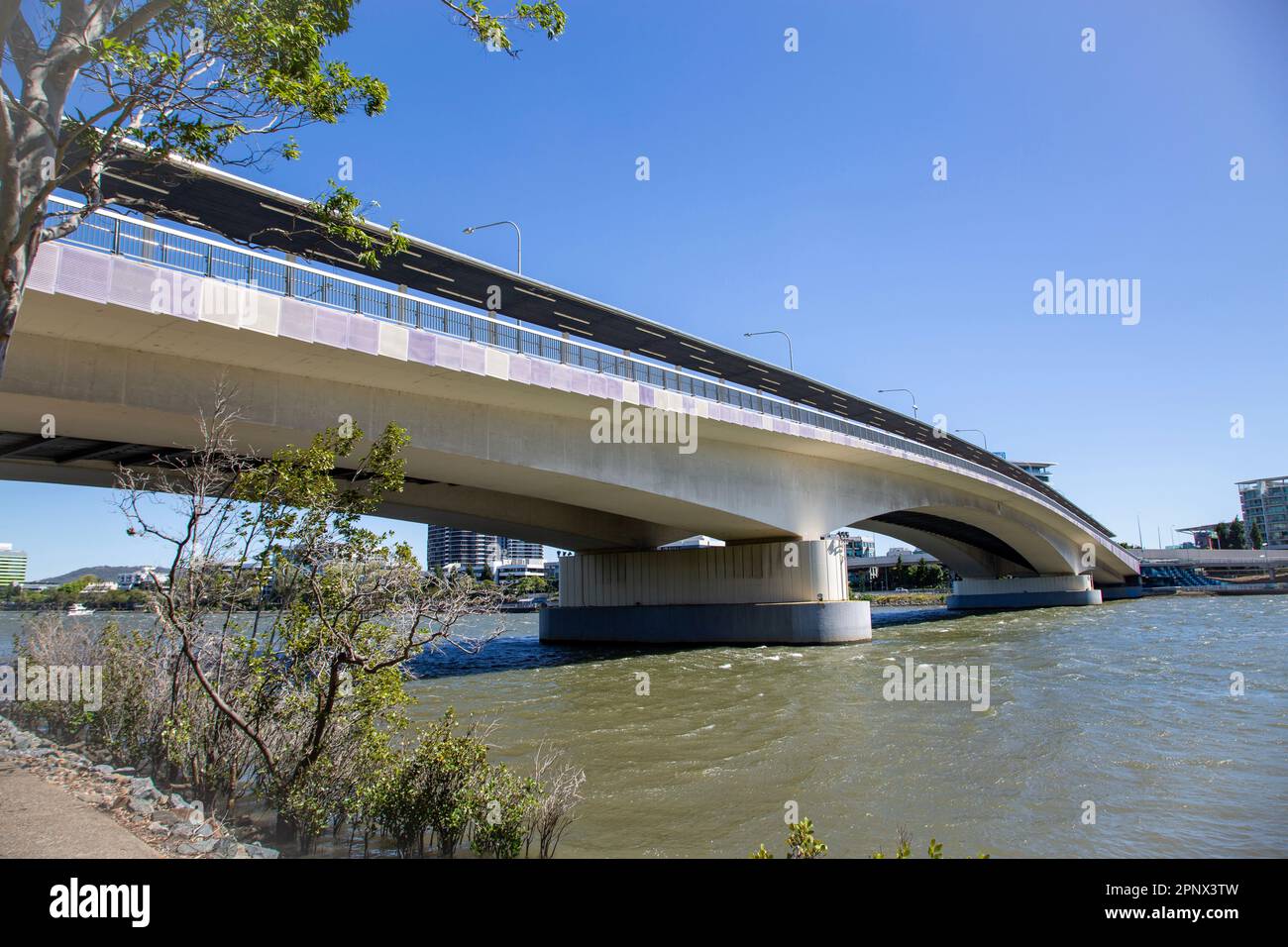 The Go Between Bridge is toll bridge for vehicles, pedestrians and cyclists over the Brisbane River opened in July 2010. Stock Photo