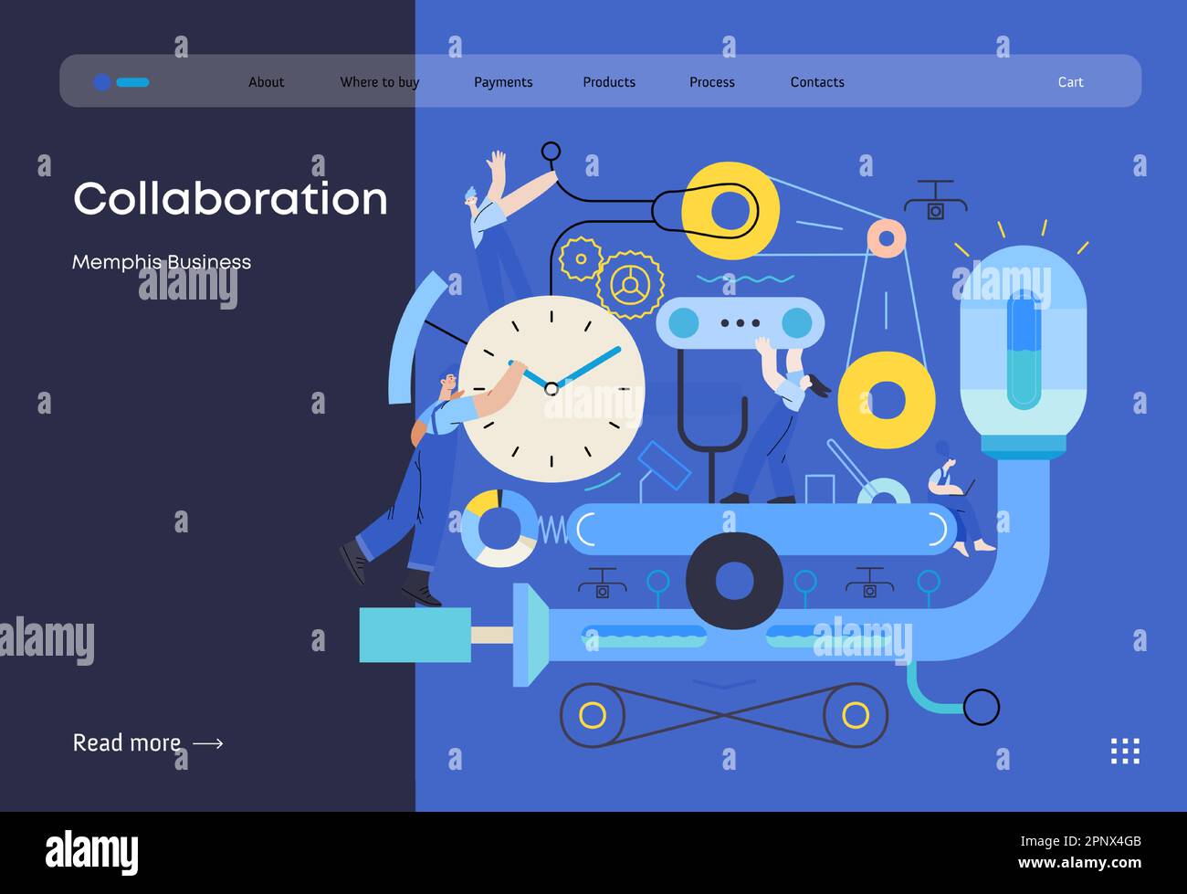 Memphis business illustration. Collaboration -modern flat vector concept illustration of team, people working together on a product mechanism in a fac Stock Vector