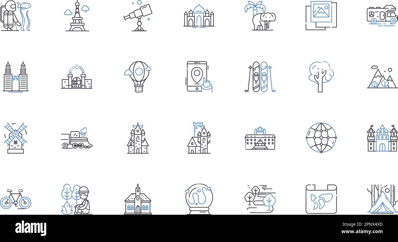 Educational travel line icons collection. Exploration, Adventure, Learning, Discovery, Enrichment, Culture, History vector and linear illustration Stock Vector