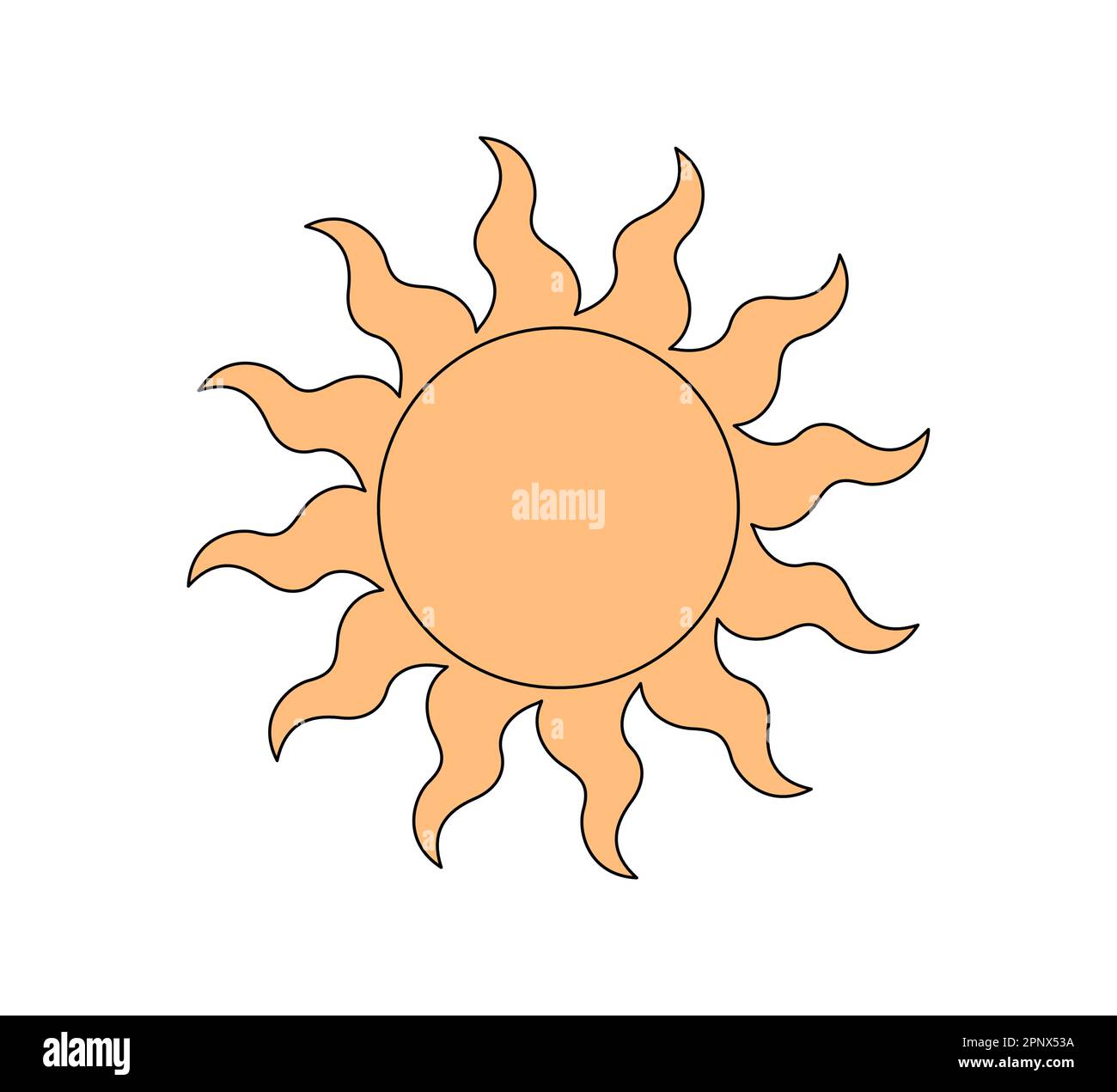 Retro groovy style twisted shiny sun. Psychedelic hippie old solar summer  element. Abstract vintage hippy bright