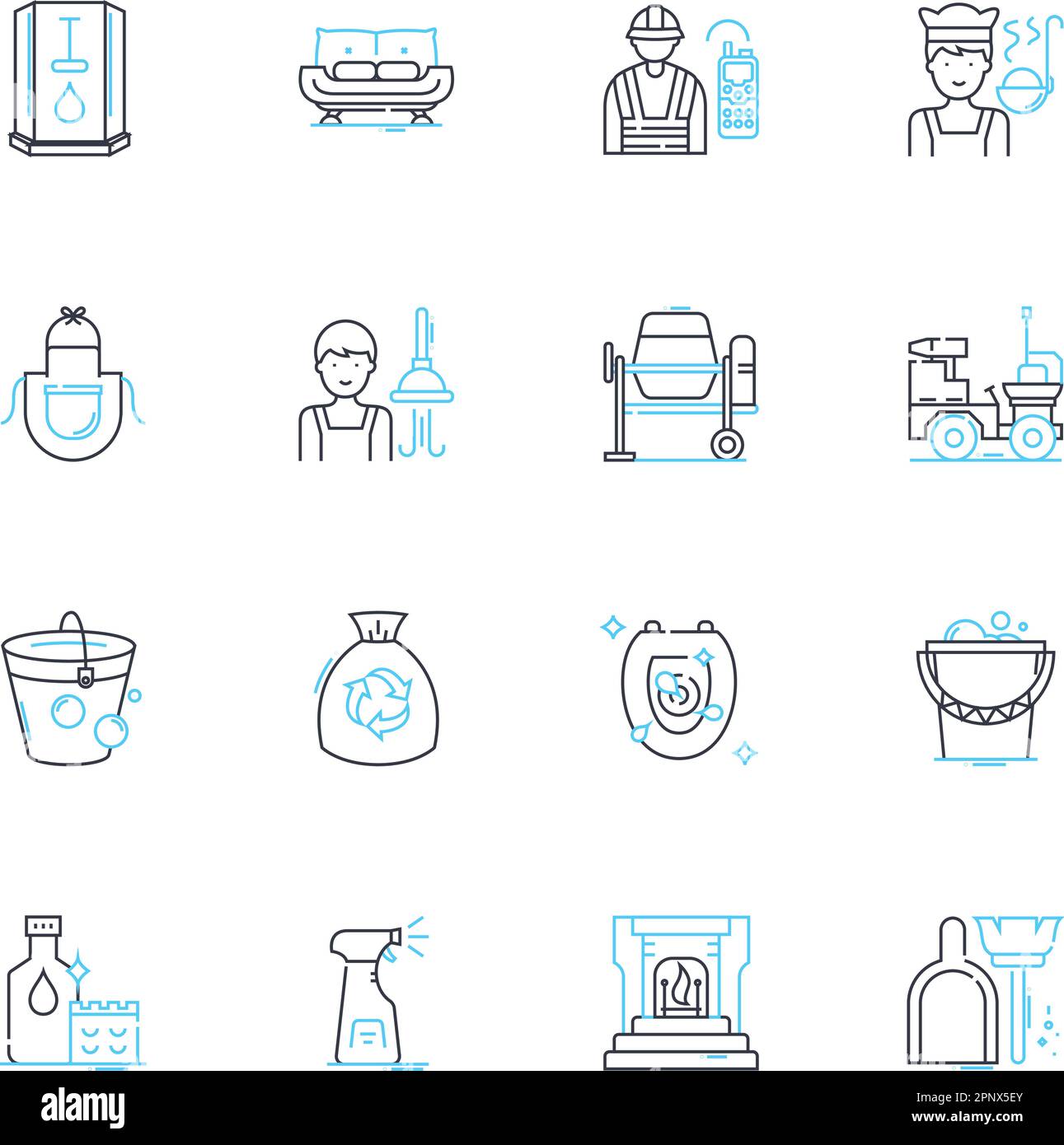 Furniture pieces linear icons set. Sofa, Chair, Table, Bed, Desk, Ottoman, Bench line vector and concept signs. Stool,Cabinet,Bookcase outline Stock Vector